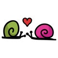 Cute simple snail love doodle clip art. Hand drawn mollusk wildlife nature insect. Flat color romantic valentines day illustration