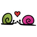 Cute simple snail love doodle clip art. Hand drawn mollusk wildlife nature insect. Flat color romantic valentines day