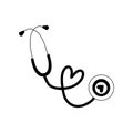 Cute simple stethoscope design with heart on tube in black isolated on white background. Hand drawn simple doodle sketch icon in