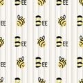 Cute simple stylized bumble bee seamless vector pattern. Hand drawn flying beeline insect gingham stripe background. Summer bug