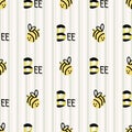 Cute simple stylized bumble bee seamless vector pattern. Hand drawn flying beeline insect gingham stripe background