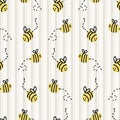 Cute simple stylized bumble bee seamless vector pattern. Hand drawn flying beeline insect gingham stripe background