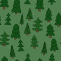 Cute simple trees on green background, vector seamless pattern in doodle style Royalty Free Stock Photo