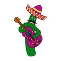 Cute singing cactus musician with guitar and sombrero, doodle style vector