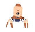 Cute single-eyed robot toy standing on metal legs-tentacles. Funny childish futuristic bot. Portrait of modern machine