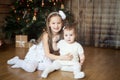 Cute sisters in front of decorated Christmas tree Royalty Free Stock Photo