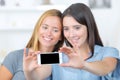 Cute sisters pouting while taking photos with smart phone Royalty Free Stock Photo