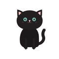 Cute sitting black cartoon cat with moustache whisker. Funny character. White background. . Flat design.