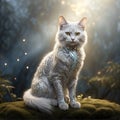 A cute sitting cat covered by delicate, intricate metal, against a glowing forest