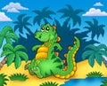 Cute sitting dinosaur with palms Royalty Free Stock Photo