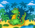 Cute sitting dinosaur with palms