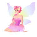 Cute sitting fairy in pink dress with wings. Vector illustration. Royalty Free Stock Photo