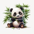 cute sitting lazy panda on ground with leaves around eating bamboo, isolated on white background ai genrated