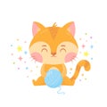 Cute sitting red cat with a blue yarn ball in cartoon style. Funny childish character for card, poster, print, kid Royalty Free Stock Photo