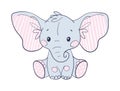 Cute sitting toddler elephant with big ears and trunk. Cartoon flat character, toy or doll. Vector illustration isolated Royalty Free Stock Photo