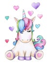 Cute sitting unicorn cartoon with hearts.