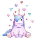 Cute sitting unicorn cartoon with hearts.