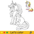 Cute sitting unicorn with long mane coloring vector Royalty Free Stock Photo