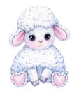 Cute, sitting, white sheep cartoon.