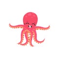 Cute six-tentacled octopus with smiling face expression. Marine animal. Cartoon character of sea creature. Flat vector