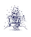 Cute skeleton character drinking hot tea on winter background. Memento mory