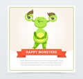 Cute skeptical funny green monster standing with folded hands, happy monsters banner cartoon vector element for website