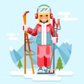 Cute skier girl ski winter sport resort holidays skiing mountain flat design vector illustration Royalty Free Stock Photo