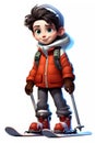 Cute Skiing Boy Dressed in Winter Clothes Cartoon Character Royalty Free Stock Photo