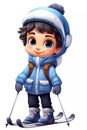 Cute Skiing Boy Dressed in Winter Clothes Cartoon Character Royalty Free Stock Photo