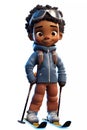 Cute Skiing Boy Dressed in Winter Clothes Cartoon Character Royalty Free Stock Photo