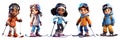 Cute Skiing Children Dressed in Winter Clothes Cartoon Characters Set