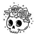 Cute skull with flowers wreath. Vector concept illustration in Hipster. Mystical occult object. Cute witchy illustration