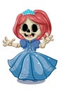 A cute skull wearing princess dress and blue crown vector illustration