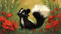 Cute Skunk Walking in Wildflowers, Forest Animal Painting Royalty Free Stock Photo