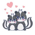 cute skunks couple characters vector illustration