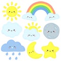 Cute sky. Happy sun, funny moon and hand drawn star. Nursery sleep clouds, baby rainbow and night stars cartoon vector