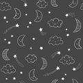 Cute night sky vector pattern with smiling moon, stars and clouds on a dark background. Hand drawn linear night sky Royalty Free Stock Photo