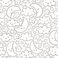 Cute, funny vector pattern with smiling moon, stars and clouds. Hand drawn linear night sky seamless background. Royalty Free Stock Photo