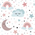 Cute sky seamless pattern Baby vector design with smiling sleeping moon hearts stars rainbow clouds. Baby illustration Royalty Free Stock Photo