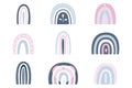 Cute sky set of rainbows, sun, rain, drops. Vector illustration in blue, pink and gray colors For children s textiles Royalty Free Stock Photo