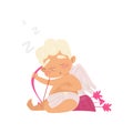 Cute sleeping angel. Cartoon character of baby boy with pink bow and arrows. Cupid with little wings. Flat vector design Royalty Free Stock Photo