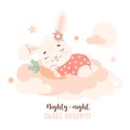 Cute sleeping animal bunny with carrot on cloud. Vector illustration in pastel colors. Kids collection.