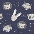 Cute sleeping animal faces. Lion cub, panda, deer, hare and bear constellation. Pattern for children's products