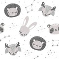 Cute sleeping animal faces. Lion cub, panda, deer, hare and bear constellation. Pattern for children's products