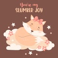 Cute sleeping animal fox on cloud with flowers. Vector illustration. Cool card with wild animal character in pastel