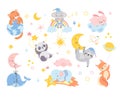 Cute sleeping animals. Cartoon sleep characters on moon and rainbow. Baby panda, rabbit on cloud and fox. Funny newborn