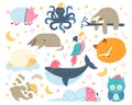 Cute sleeping animals flat icons set. Funny owl, parrot, octopus, raccoon and pig in pajamas. Dreaming at night Royalty Free Stock Photo