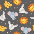 Cute sleeping animals, stars. Elephant, tiger, lion and baby deer. Background for children's products on white Royalty Free Stock Photo