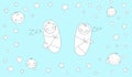 Cute sleeping babies. Faces and swaddled children in stars and hearts. A simple children\'s illustration