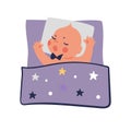 Cute sleeping baby in cot. Flat cartoon vector illustration with newborn baby, modern design. Vector illustration about